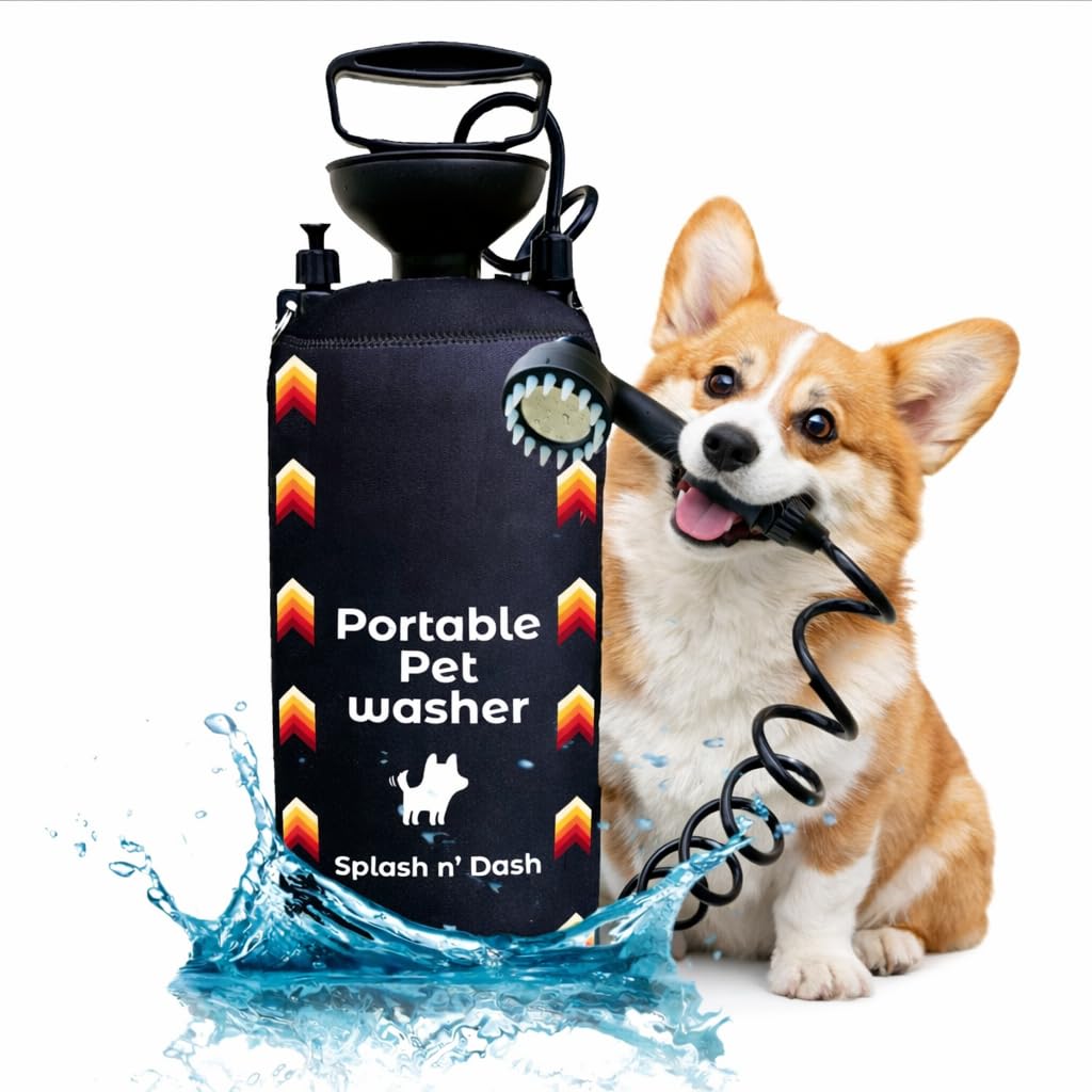 Splash n' Dash 8 Liter tragbare Hundedusche - Manuelles Duschset mit Bürstenkopf & Neoprenmantel - Tragbare Hundewaschanlage für Zuhause, Reisen oder Outdoor