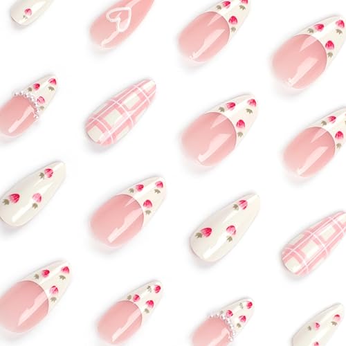 Miniatura 3 de Lindas uñas postizas a presión, uñas postizas medianas de almendra con diseños del día de San Valentín, corazón de perla francesa, fresa, cobertura