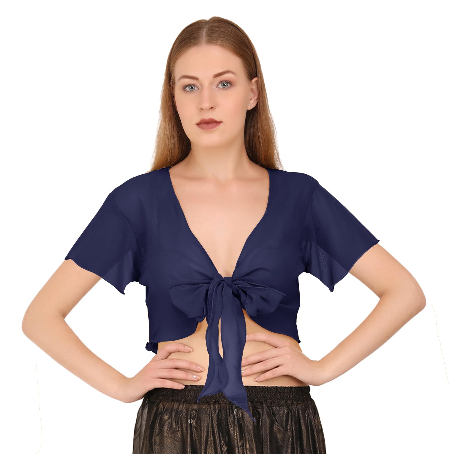 Indian Trendy Women's Chiffon Short Sleeve Tie Top Choli Blouse Belly Dance Gypsy Tie Front Cardigan Tops