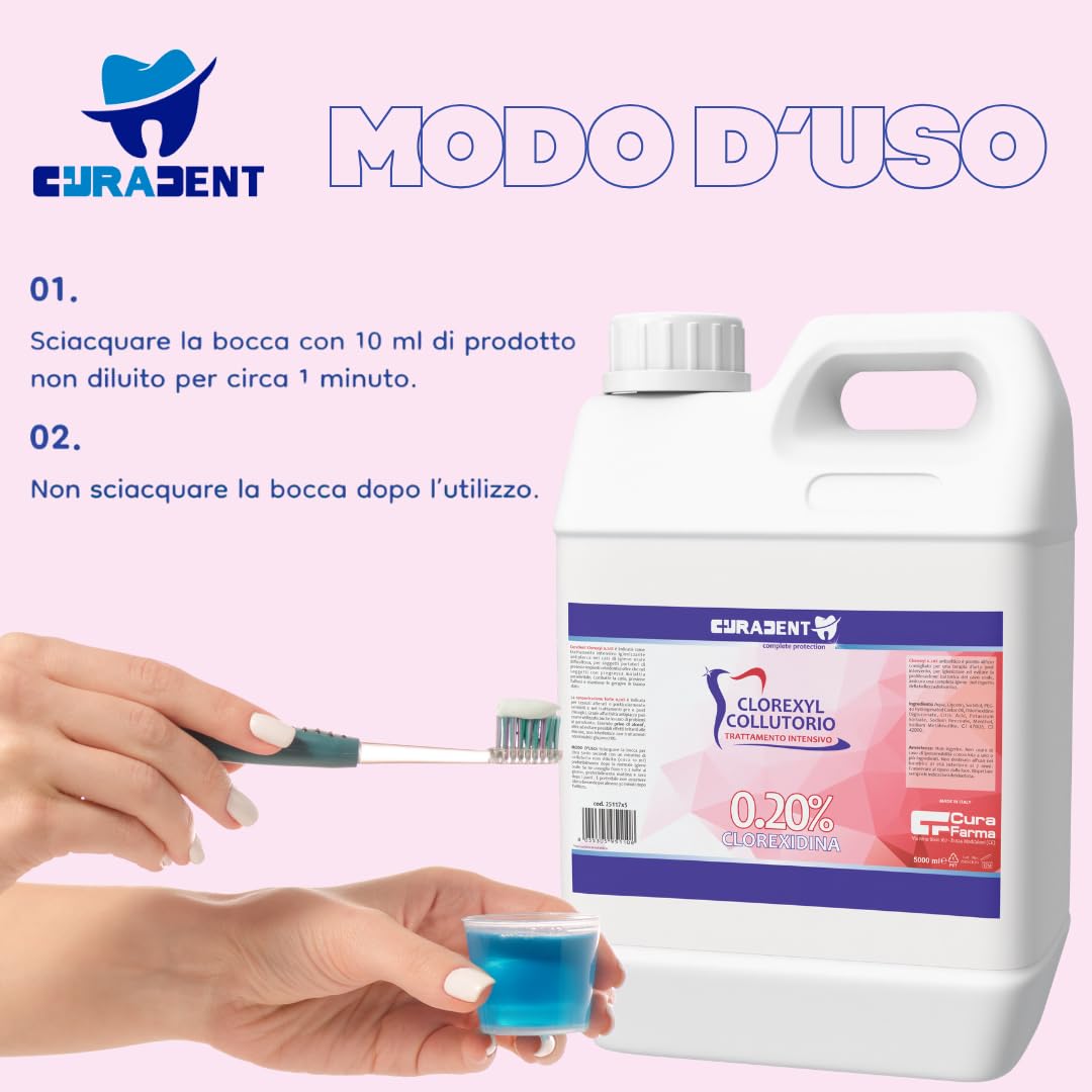 Collutorio Clorexidina 0,2% Professionale – Disinfettante Orale Antibatterico – Ideale per Igiene Orale – Tanica da 5 Litri