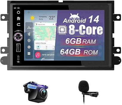 8 Core 6+64G Car Radio Stereo for Ford F150 2004-2008, F250 F350 2006-2014 with Wireless Carplay Android Auto 7 Inch HD Touchscreen Android 14 Car Radio with Backup Camera Bluetooth AM/FM/RDS GPS