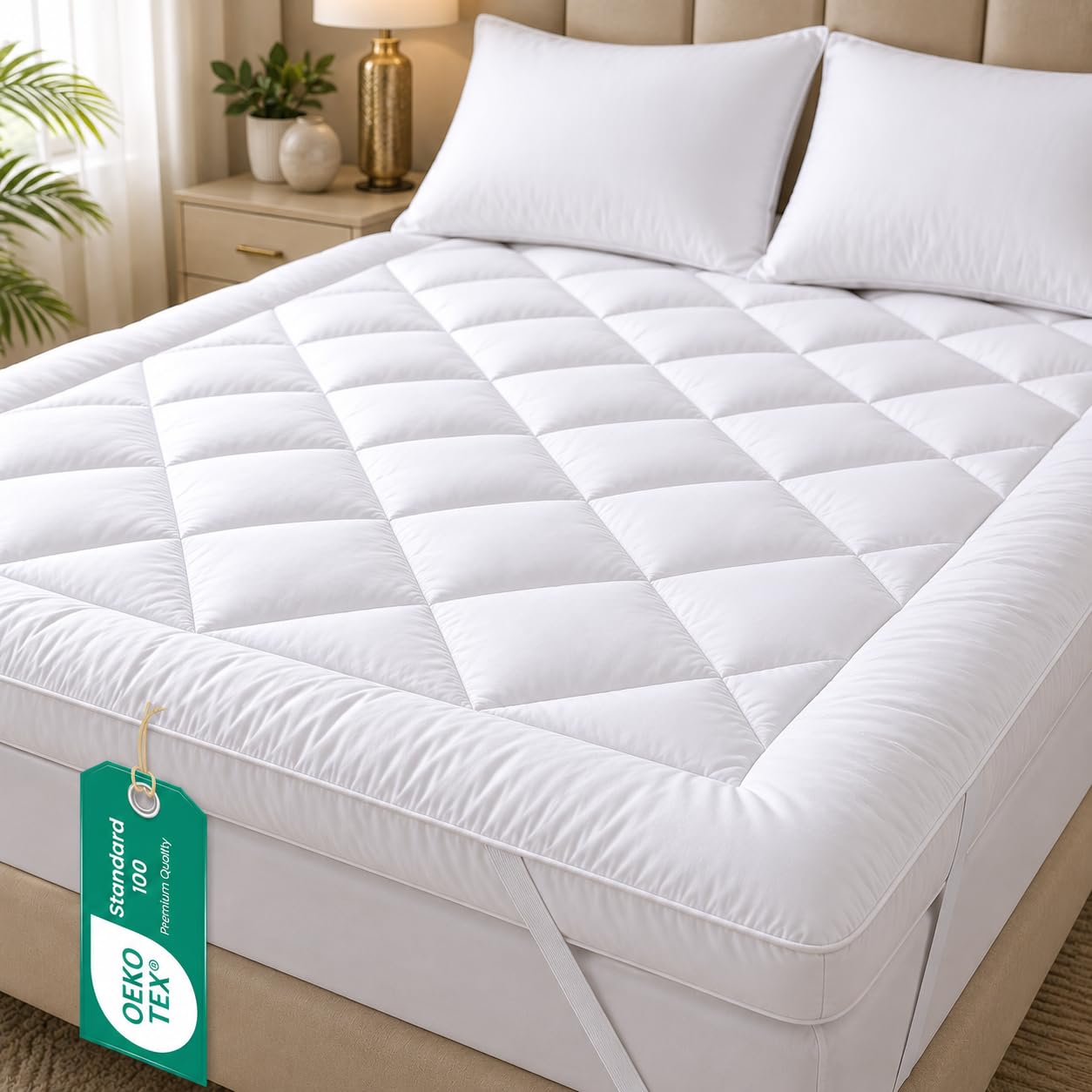 Linens World Super King Mattress Topper 10cm Thick White, Extra Deep Quilted Bed Topper with 1200GSM Hollow Fibre Filling, Soft Fluffy Breathable Microfibre Cover, Elastic Straps, Washable (180x200cm)