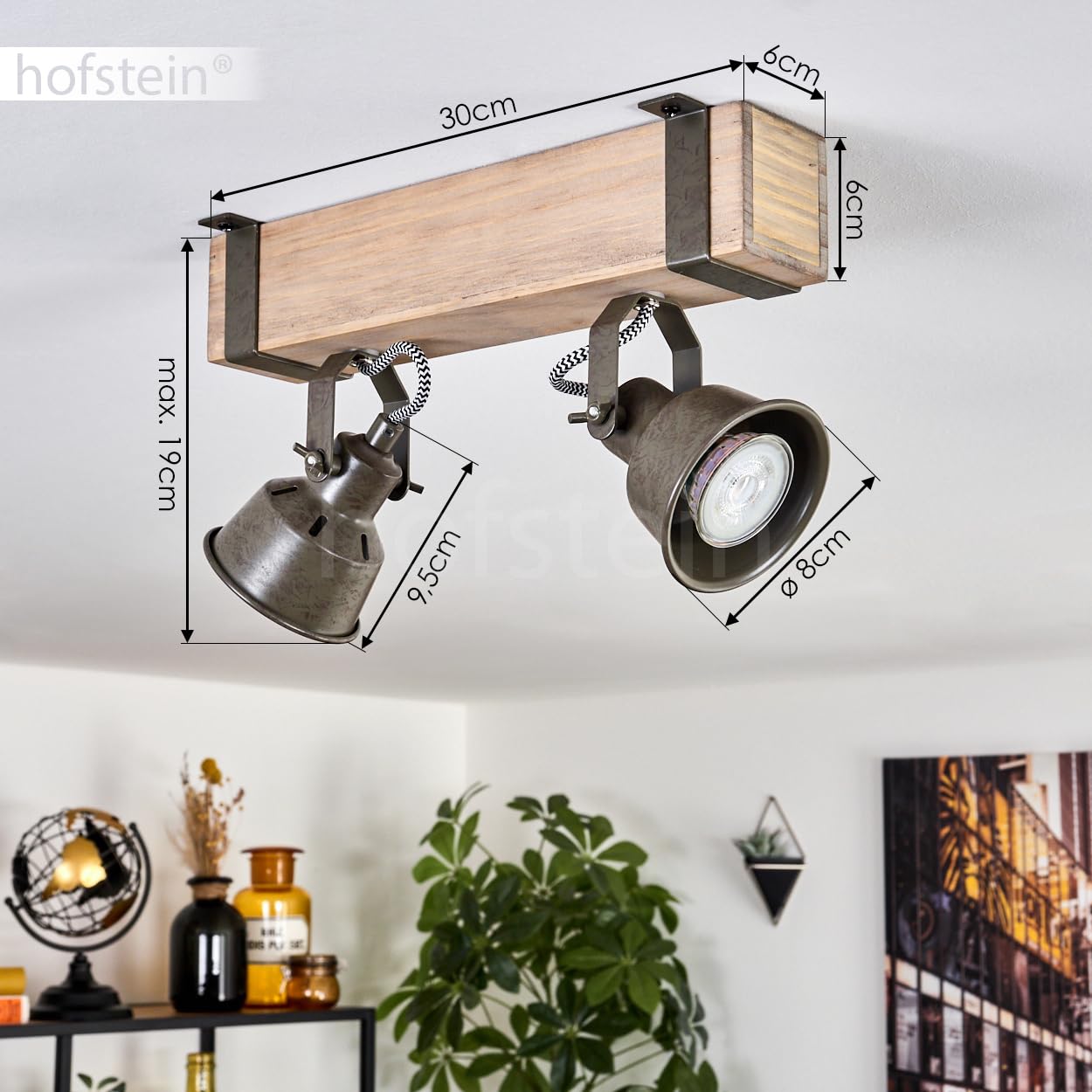 Plafonnier Pehefito de HOFSTEIN, plafonnier moderne en métal/bois vert-gris/naturel, plafonnier au design industriel avec abat-jour réglable, 2 ampoules, 2 x GU10 sans ampoules