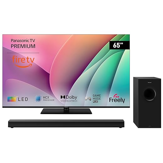 Panasonic TV-65W80AEY 65" 4K Ultra HD Smart TV, Fire TV SC-HTB600EBK Home Theatre Soundbar with Bluetooth and Dolby Atmos