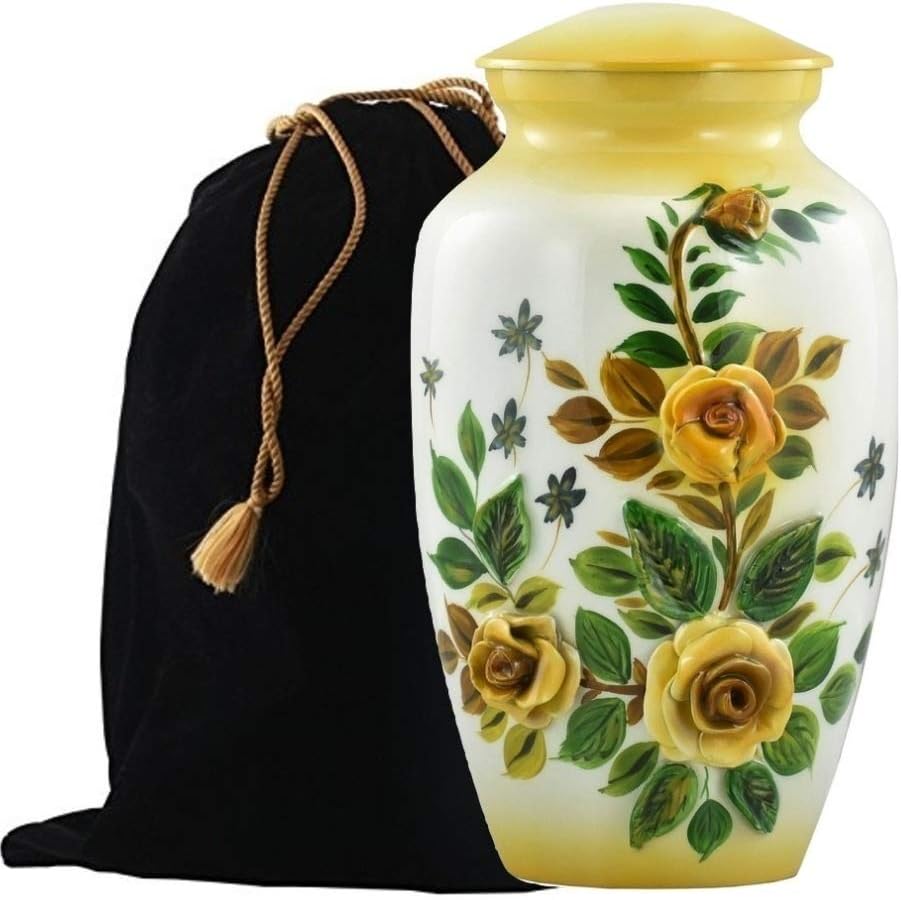 MEMORIALS4U Rose Bouquet Cremation Urn - Handcrafted Urn for Human Ashes - Metal Cremation Urn - Affordable and Elegant Urn for Ashes (Yellow, Adult Urn)