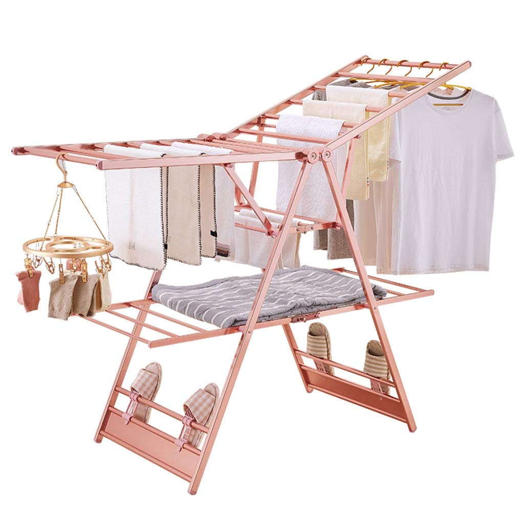 LhhFoldable Laundry Drying Rack Folding Clothes Dryer Floor Washing Line Airer for Indoor Balcony Bedroom Living Room Aluminum (Color : Rose gold)