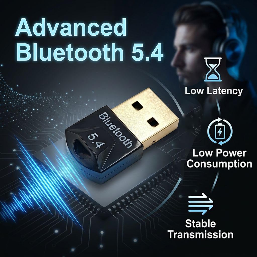 Adaptador Bluetooth 5.4 USB para PC, Receptor Bluetooth Dongle Inalámbrico de Baja Latencia Soporta 7 Dispositivos Compatible con Windows 11 10 8.1 para Auriculares Ratón Teclado Altavoz