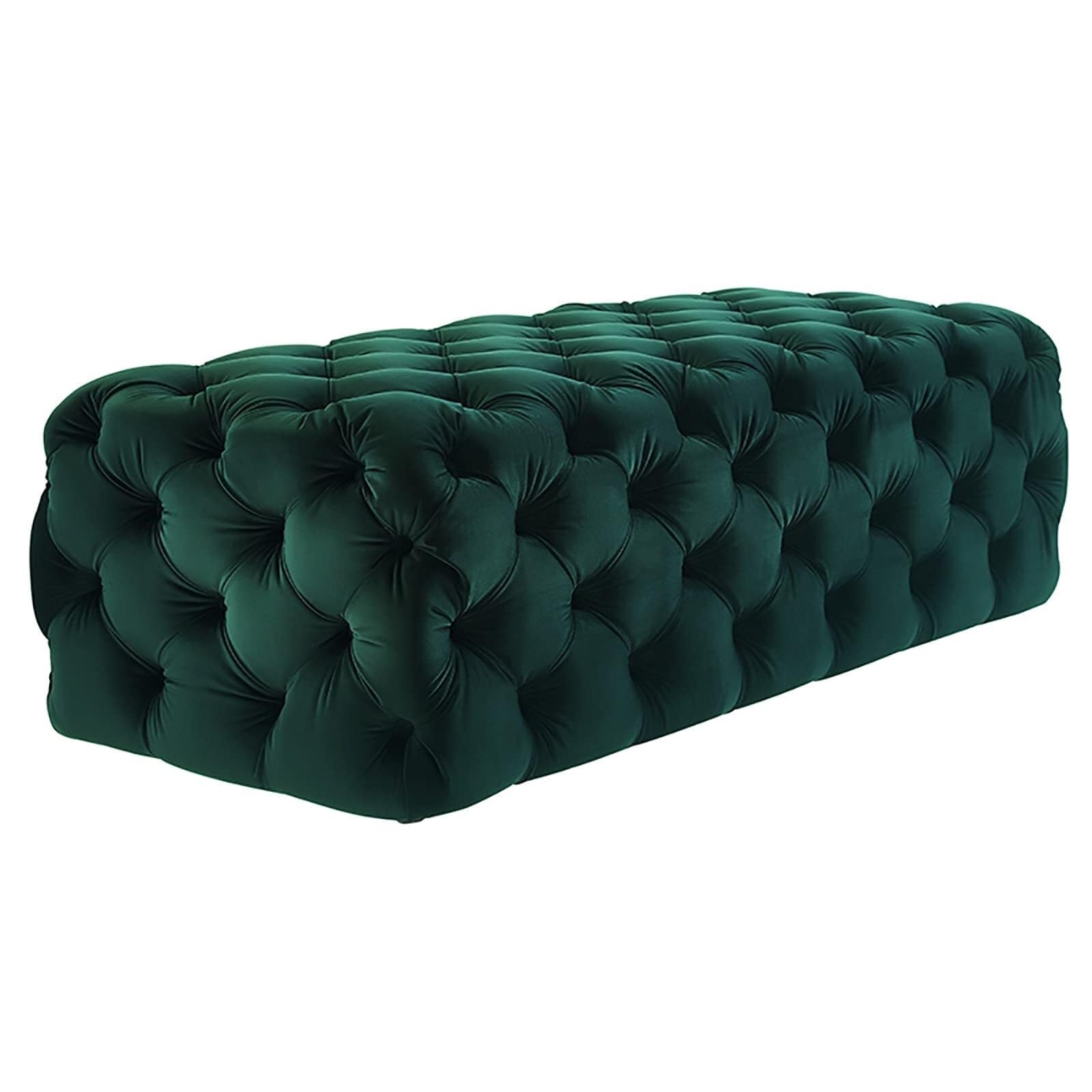 Banc en velours capitonné vert pour rangement de chaussures
