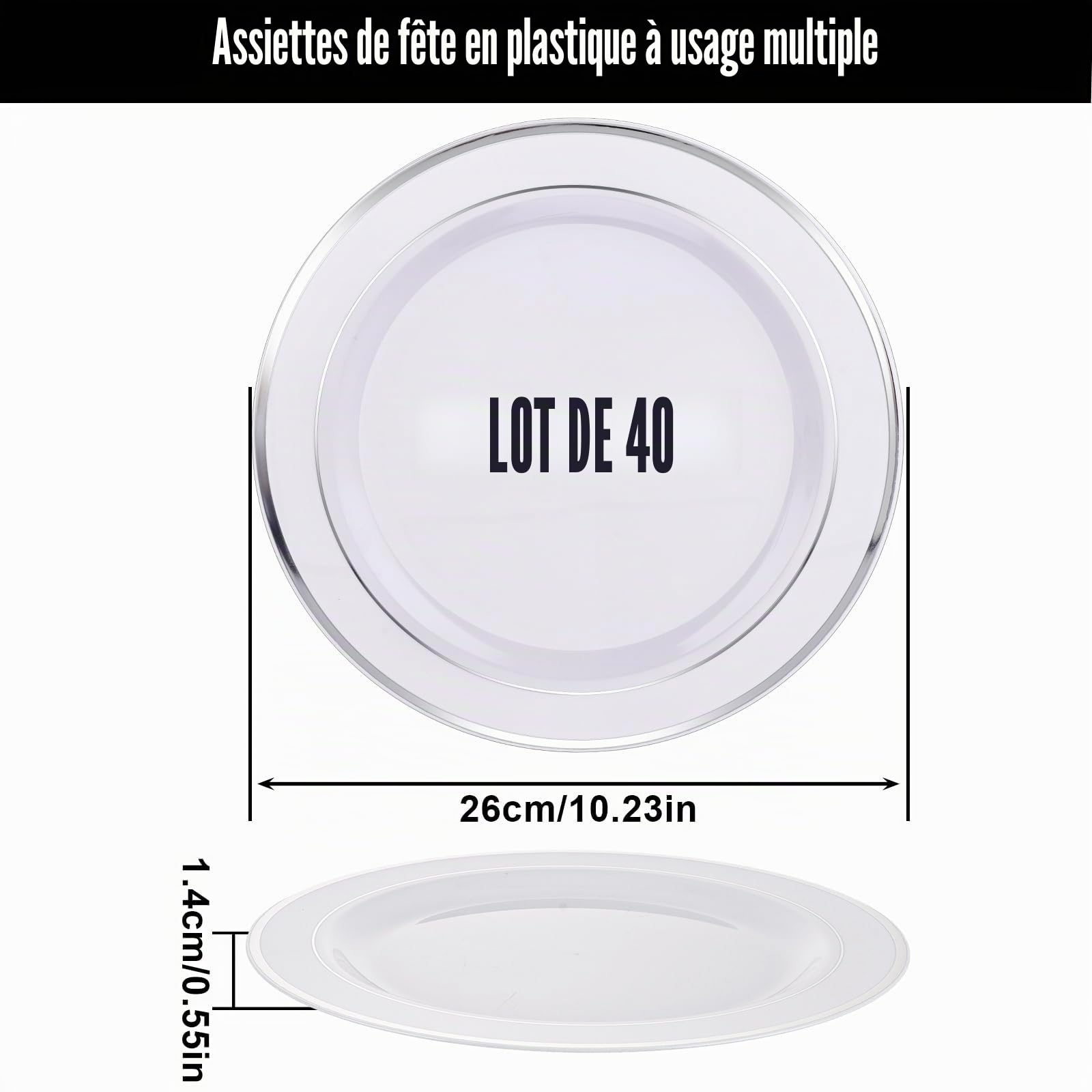 SENENQU Lot de 40 assiettes en plastique réutilisables de 26 cm avec bord argenté - Assiettes à dîner en plastique incassable pour mariage, fête d'anniversaire, restauration