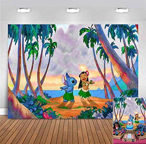 Cartoon Lilo and Stitch Summer Beach Photo Background 7x5ft Polyester Tropical Luau Hawaiian Children Birthday Party Banner Photography Backdrop Baby Shower Photo Booths Cake Smash Supplies