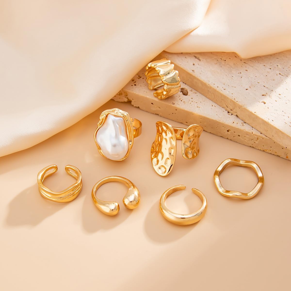 Chunky Gold Rings for Women Stackable Baroque Pearl Ring Opening Adjustable Chunky Knuckle Rings Pearl Flower Ring Set for Women - Image 7