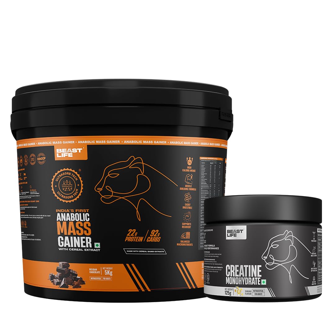 BeastLife High Protein Mass/Weight Gainer 5 KG with Creatine Monohydrate 125g | Belgian Chocolate, Shikanji | For Muscle Gain & Fast Growth | Cereal-Based Formula, No Maltodextrin-image-49