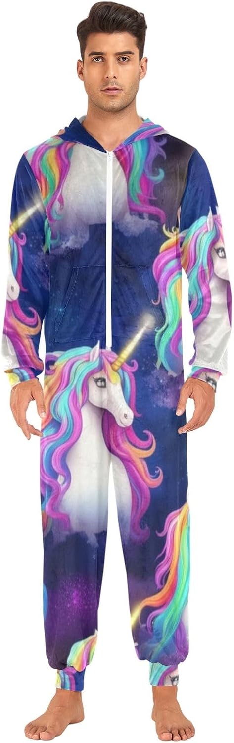 Cute Unicorns Adult Onesie Pajamas, Cozy Hooded One Piece Sleepwear for Christmas Holiday Loungewear Men Women