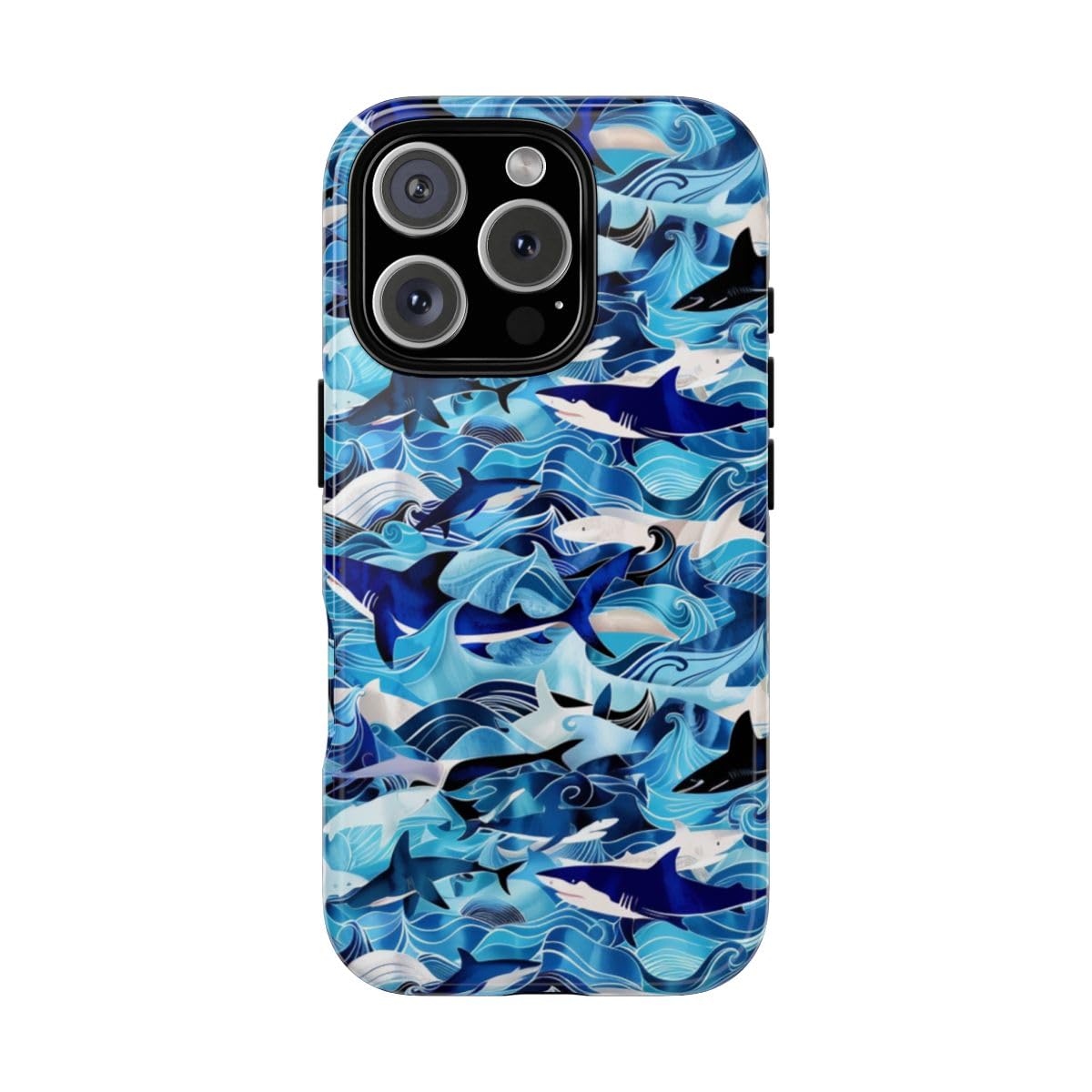 Coque rigide bleu océan vagues et requins finition brillante pour iPhone 16 Pro premium