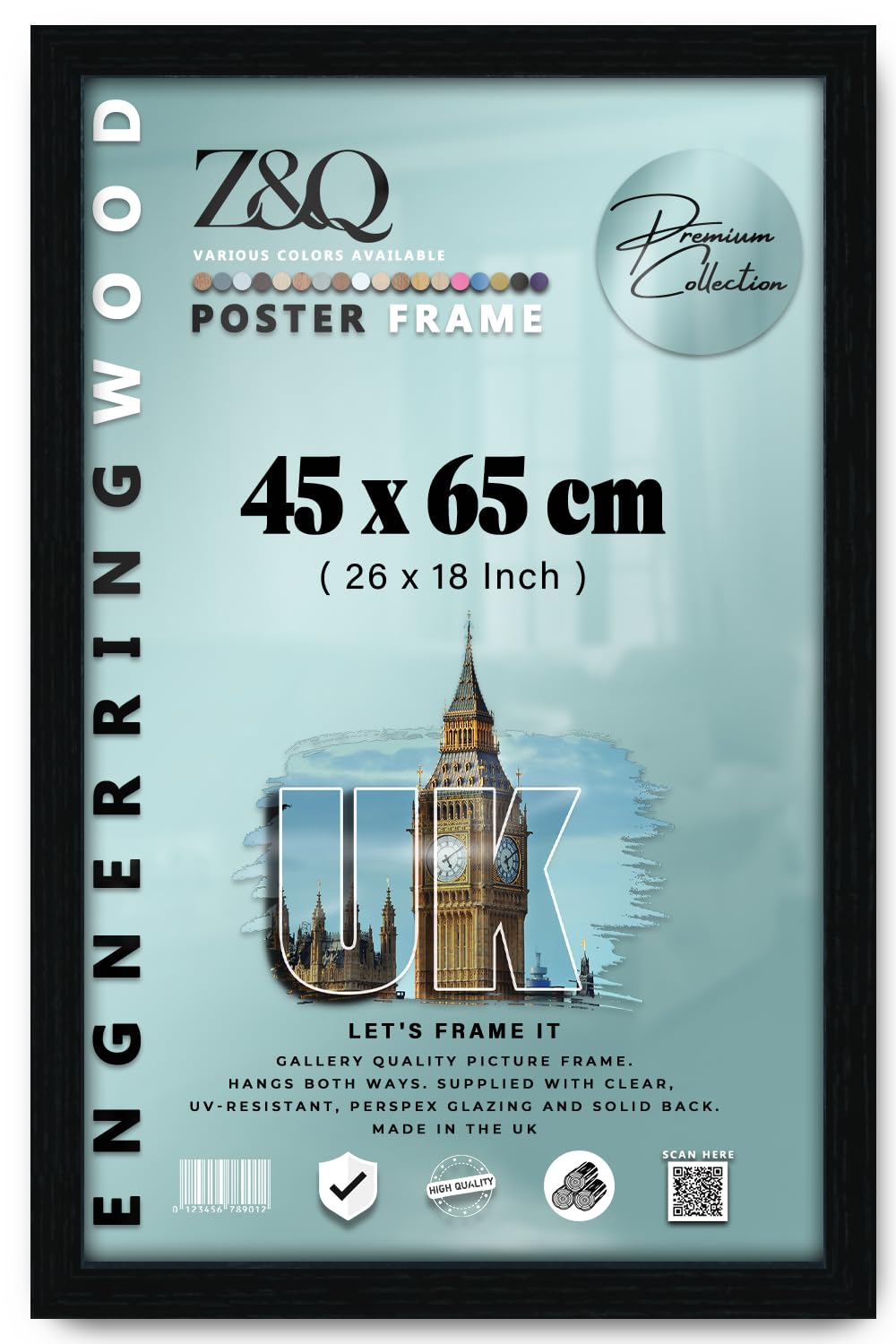 Z&Q Wall Mounted Poster Picture Frame Black 45 x 65 cm Display Painting Photo Print With HD Clear Perspex Both Ways Hanging Hooks MDF Wood 30x15mm Moulding
