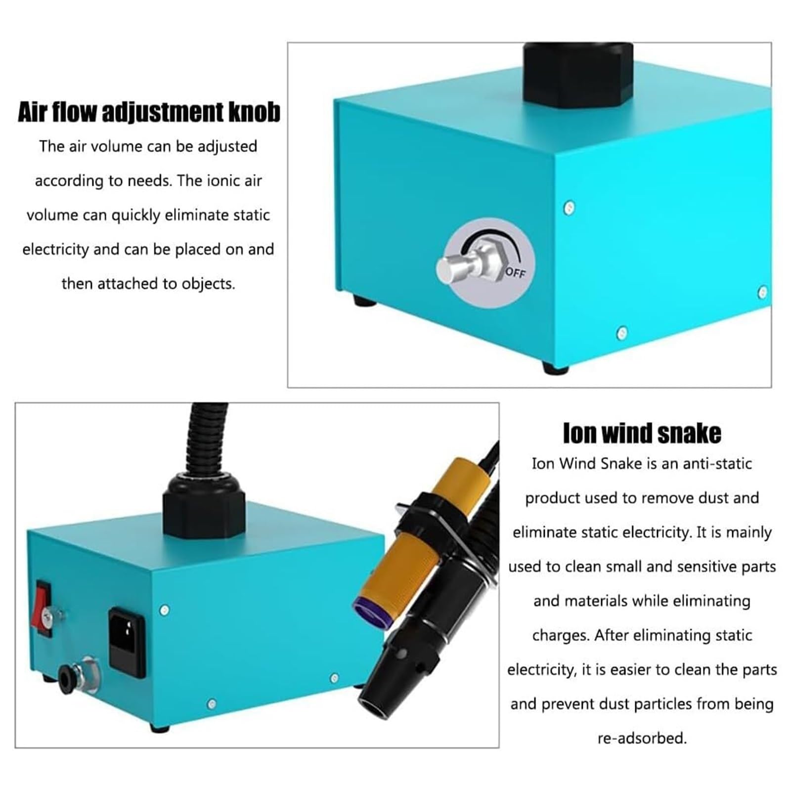 Serpiente de aire ionizante de pistola antiestática, eliminación estática industrial, volumen de aire se puede ajustar, eliminador estático industrial de 2 tubos, inducción automática para eliminación
