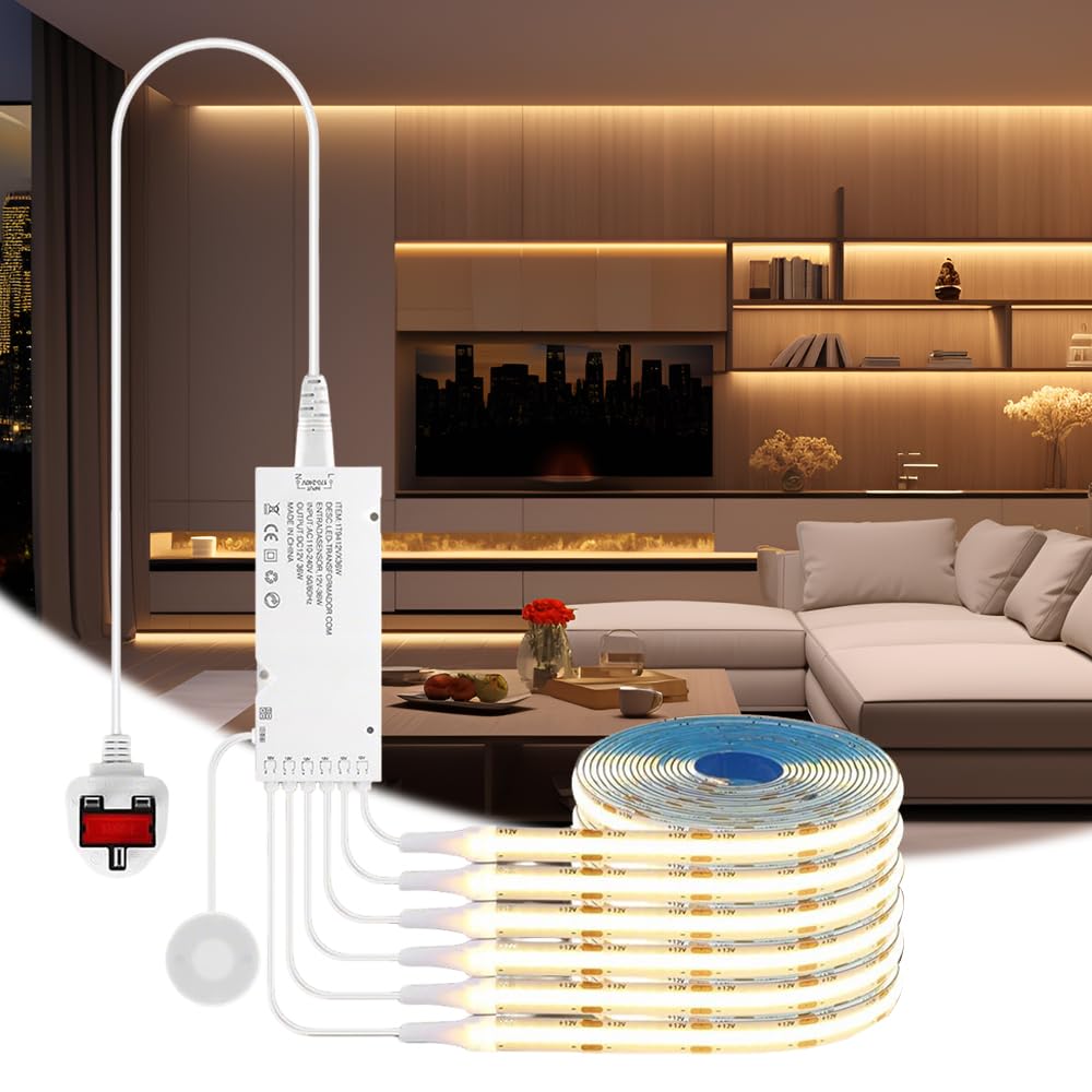 NKFBEV 12V COB LED Strip, 6 in 1 Dimmable Touch Control COB LED Strip Light, 6 Roll 2M Under Cabinet Lighting Kit,Cuttable Self-Adhesive LEDStrips for Wardrobes Wine Cabinet Shelve Cupboard (2M/6.6ft)