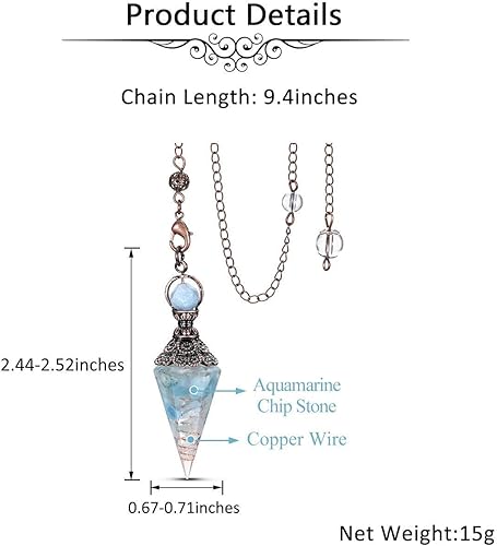 Miniatura 5 de Jovivi - Péndulos de cristal curativo de aguamarina natural para la adivinación de Dowsing 6 hechos con punta hexagonal + collar de péndulo de