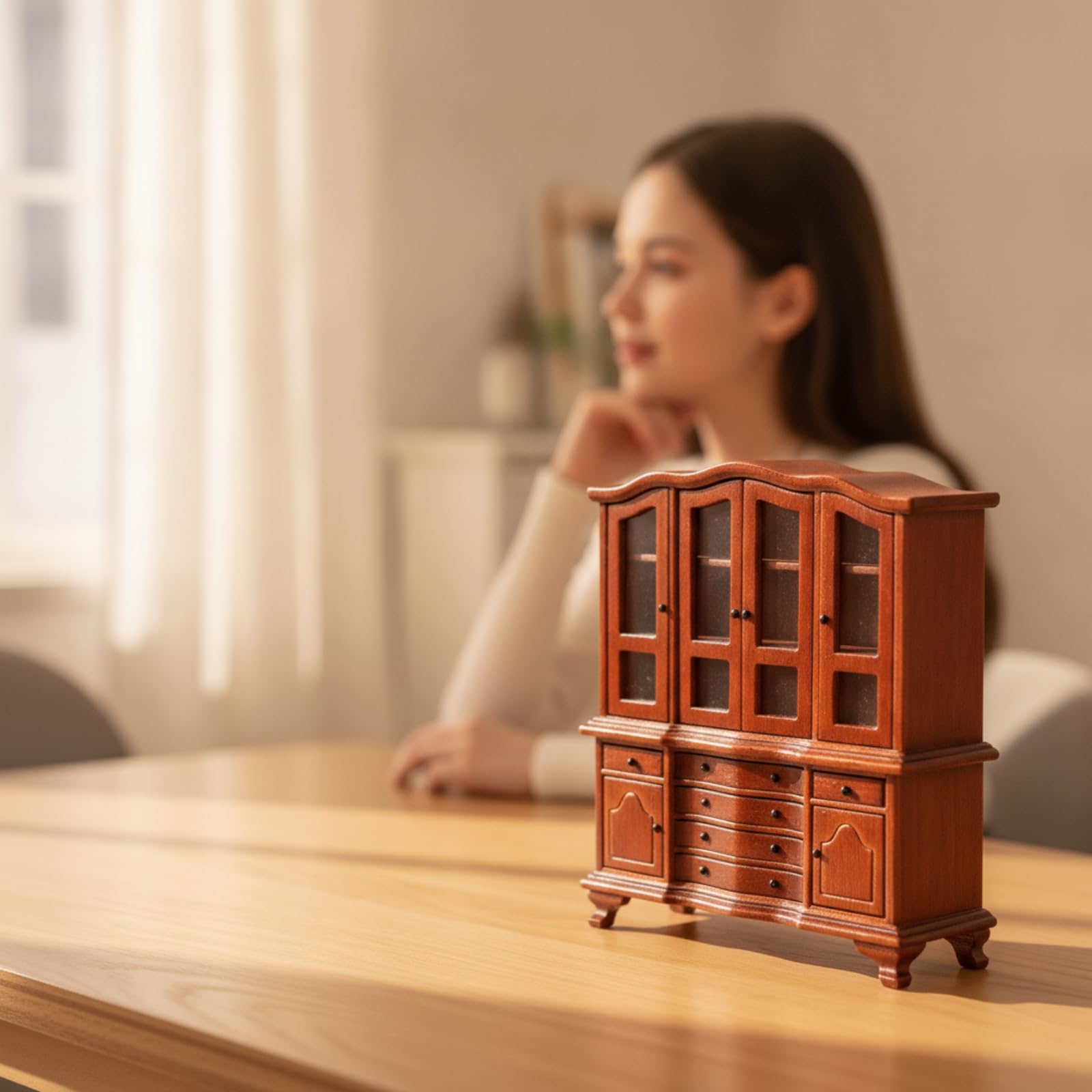 Credenza in Miniatura Effetto Legno Credenza con in Vetro Trasparente Armadietto con Cassetto per Casa Delle Bambole