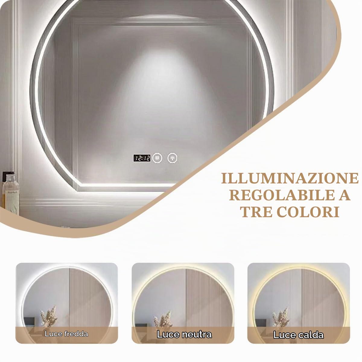 Specchio Semicerchio Con Led, Semicerchio Specchio Da Bagno, Specchio Da Bagno Semicerchio Con Retroilluminato, Anti-Appannamento, Tri-Colore Dimmerabile Con Retroilluminazione, Specchio Da Parete(50*