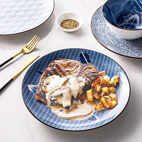 Y Yhy 10 Inch Ceramic Dinner Plates, Serving Plates For Christmas & Thanksgiving Dinner, Porcelain Dinner Plates Set Of 4, Microwave & Dishwasher Safe, Blue And White - 4 Pattern #TOP1