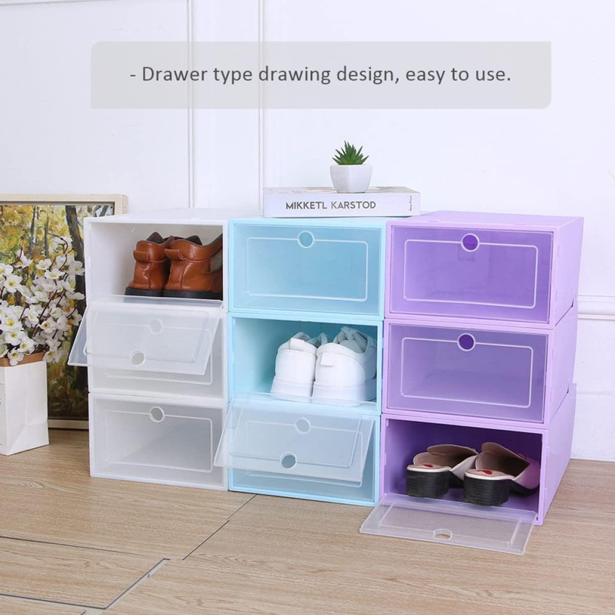 Stackable Shoe Storage Box 6-Pack Dustproof Shoes Organizer Hinged Lid Sturdy Plastic Container for Sneakers and Heels for Closet and Home Use