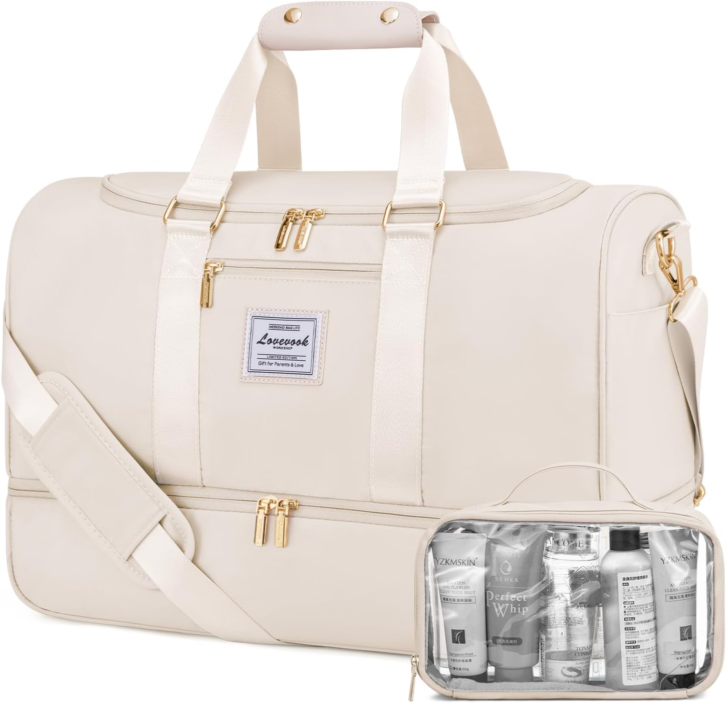 Travel Bags Gym Bag for Women, Waterproof Weekend Overnight Holdall Hospital Bags with Toiletry Bag, Shoe Compartment & Wet Pocket, Cabin Carry On Hand Luggage for Travel Sports, Beige