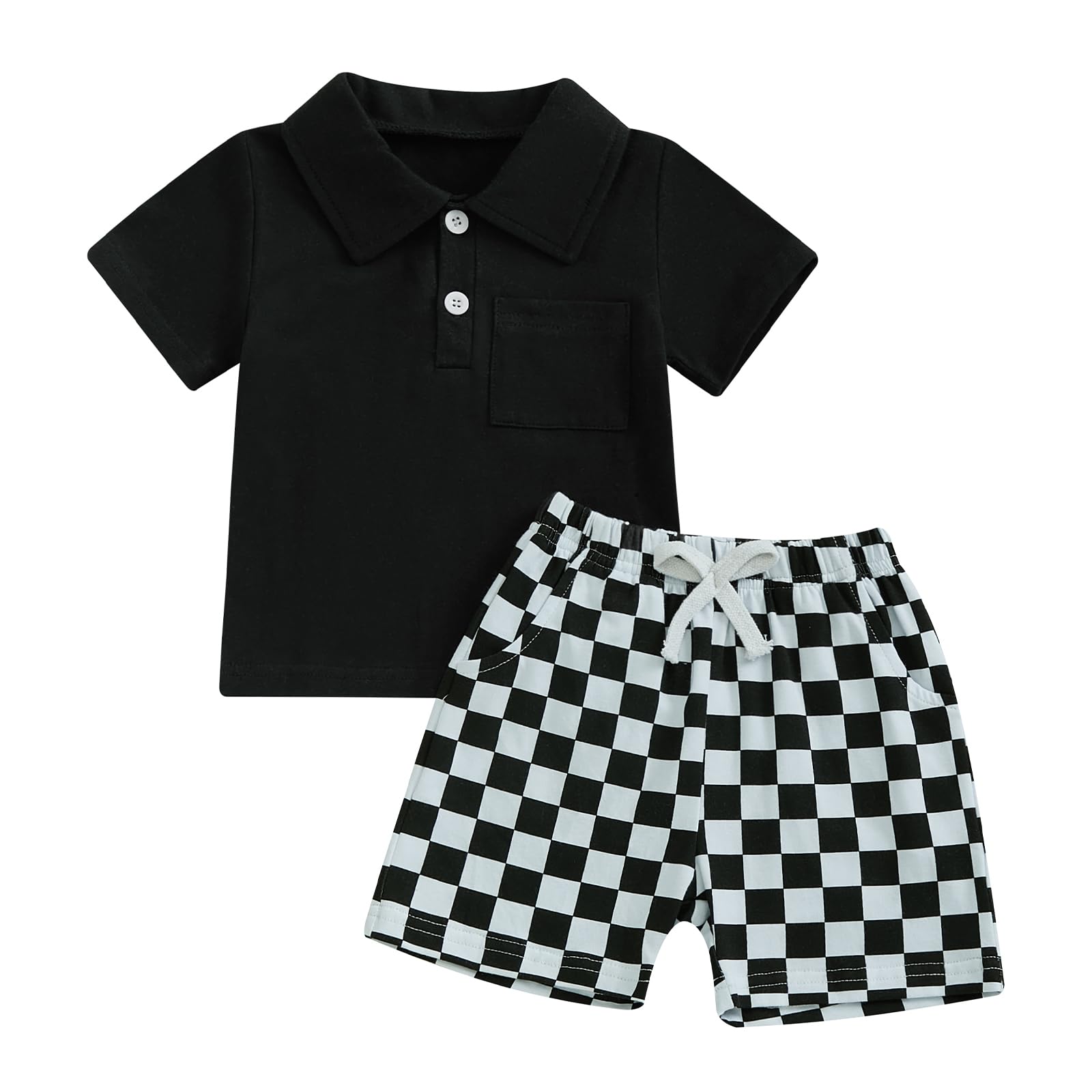 Toddler Baby Boy Outfits Short Sleeve Lapel T-shirt Shirts Checkerboard Stretch Shorts Toddler Summer Clothes (Black, 18-24 Months)