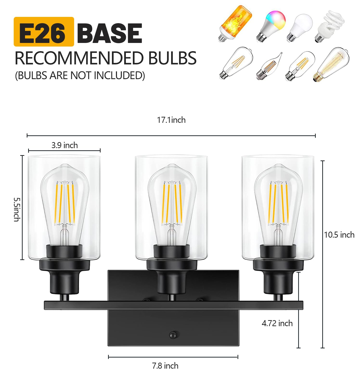 Bathroom Light Fixtures, 3-Light Bathroom Vanity Light, Matte Black Vanity Light with Clear Glass Shade, Modern Bathroom Lights Over Mirror, Vanity Lighting Fixtures for Bathroom, Living Room, Hallway