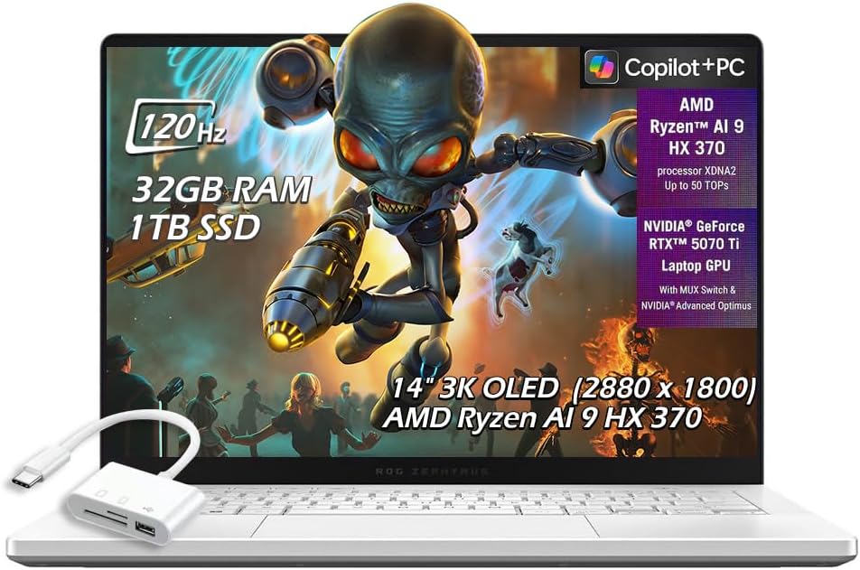ASUS ROG Zephyrus G14 14" 3K OLED Gaming Laptop, (AMD Ryzen AI 9 HX 370, RTX 5070 Ti 12GB, 32GB RAM, 1TB SSD, RGB Backlit Keyboard, WiFi7, Micro SD, Win11), Platinum White, w/USB Hub, W/GaLiMu