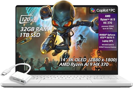ASUS ROG Zephyrus G14 14" 3K OLED Gaming Laptop, AMD Ryzen AI 9 HX 370, RTX 5070 Ti 12GB, 32GB RAM, 1TB SSD, RGB Backlit Keyboard, WiFi7, Micro SD, Win11, Platinum White, w/USB Hub, W/GaLiMu