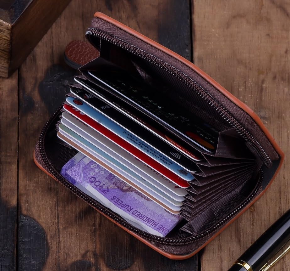 Image of RFID Blocking Credit Card Holder Wallet Zipper Closure, Multi Card Organizer Wallet with Cash Pocket, Compact Accordion Card Holder (Brown)