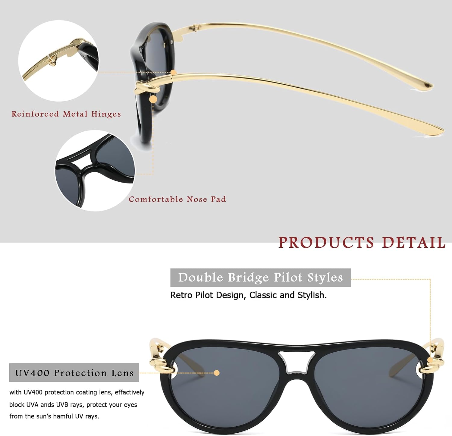 Long Keeper Pilot Sunglasses Women Men Retro Oval Double Bridge Sunglasses Vintage 70s Sun Glasses Sunnies UV400 Protection image 3