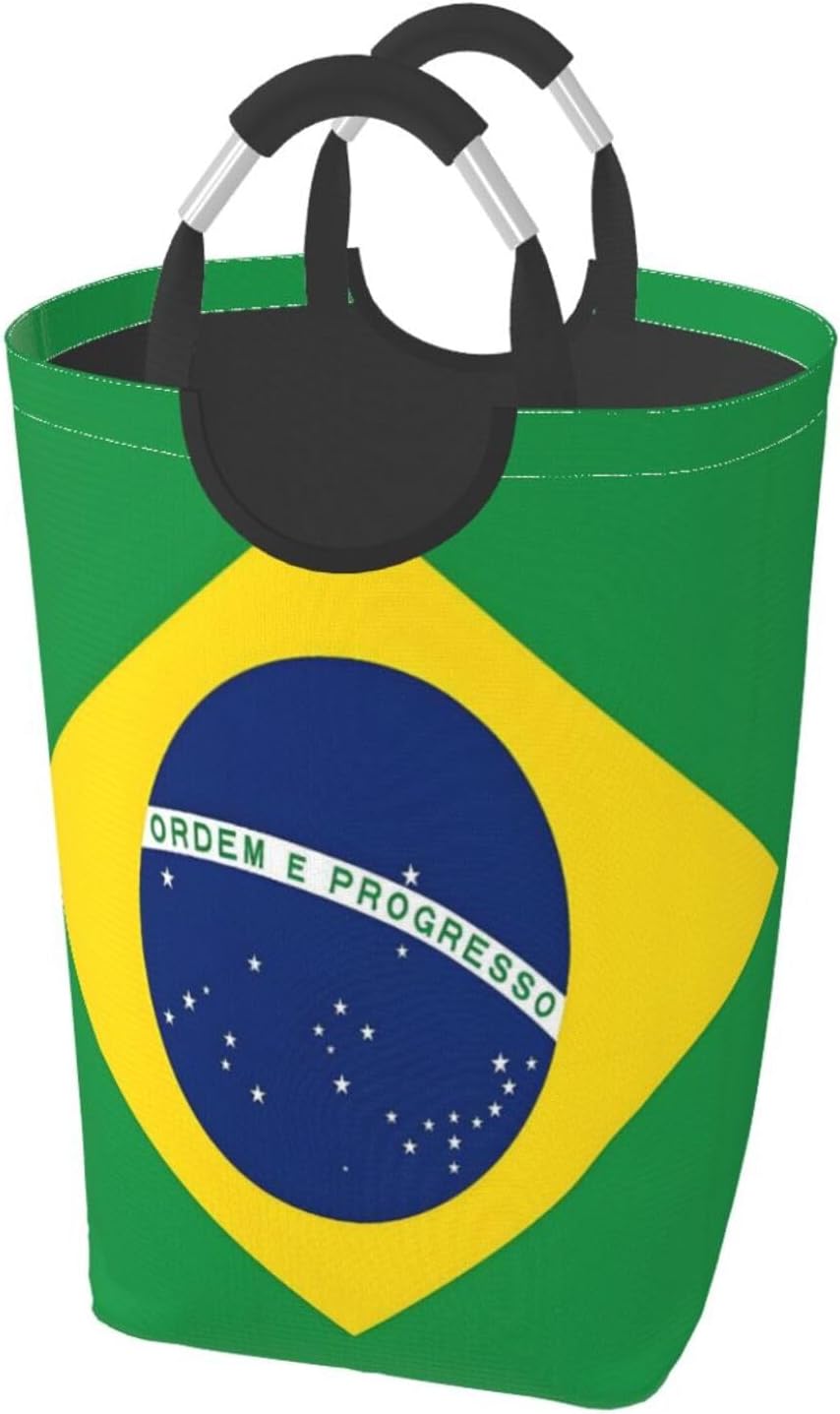 Brazil Flag Foldable Dirty Laundry Bag, Waterproof Oxford Fabric With Pe Board Base, 50l Capacity For Home & Travel