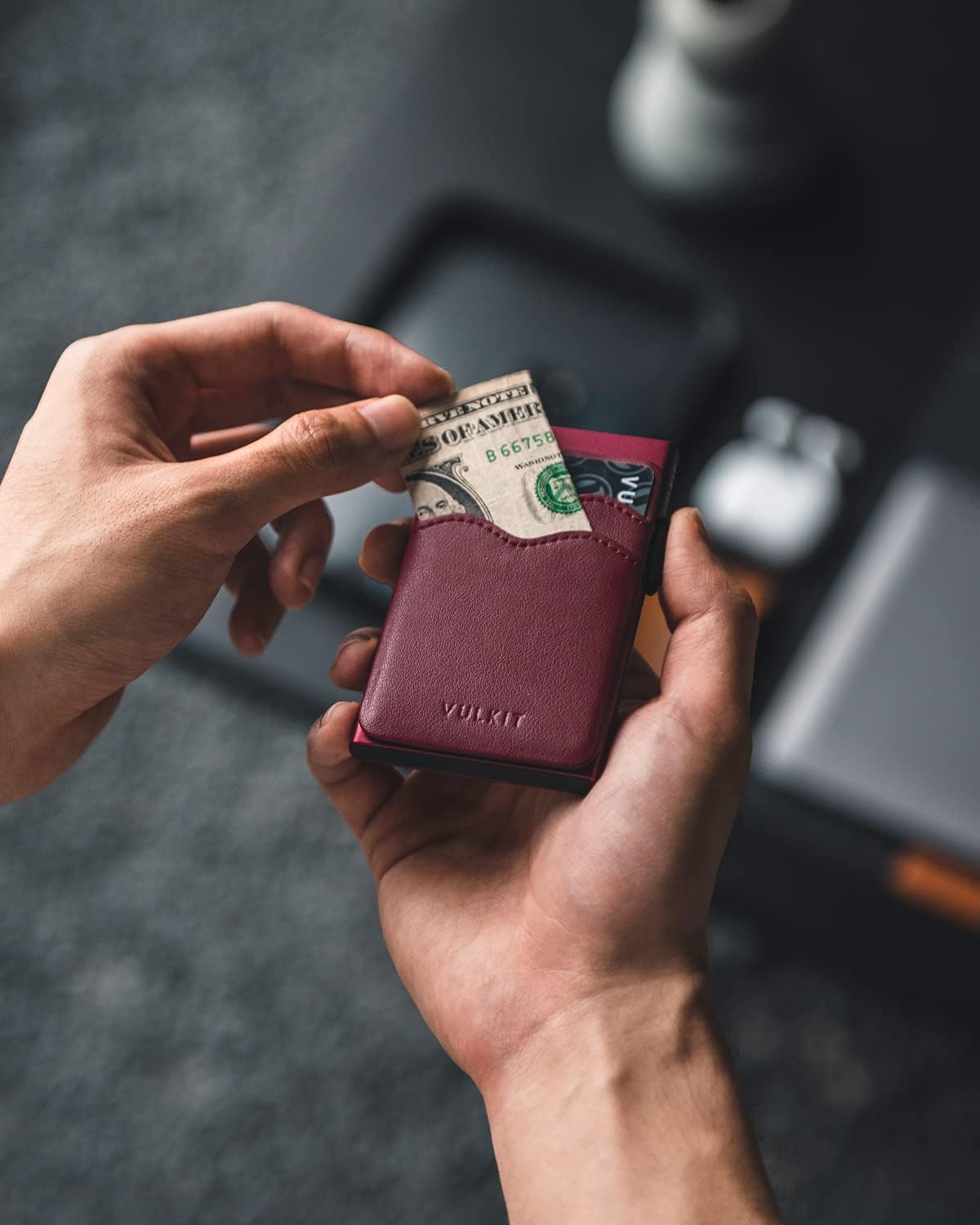VULKIT Credit Card Holder Minimalist Slim Pop Up Wallet with Leather Slots RFID Blocking for Men and Women Holds 7 Cards and Notes Wine - Image 4