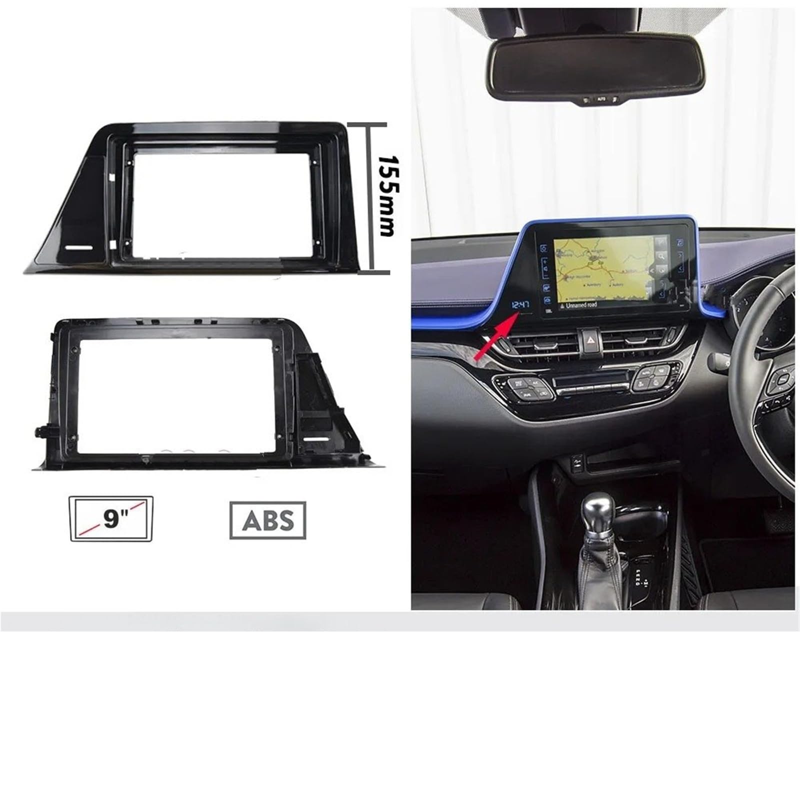 Cadre D'autoradio Kit Tableau Bord avec Panneau JDM, Cadre Horloge Numérique, 155mm Hauteur, 9 Pouces RHD Australie NZ Japon pour Toyota C-HR pour CHR 2016–2023