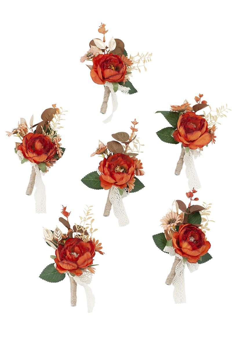 Ansofi Set di 6 fiori all'occhiello arancione bruciato da uomo, per matrimoni, sposi e testimoni dello sposo, per cerimonia di matrimonio rustico francese, anniversario, ballo di fine anno, cena