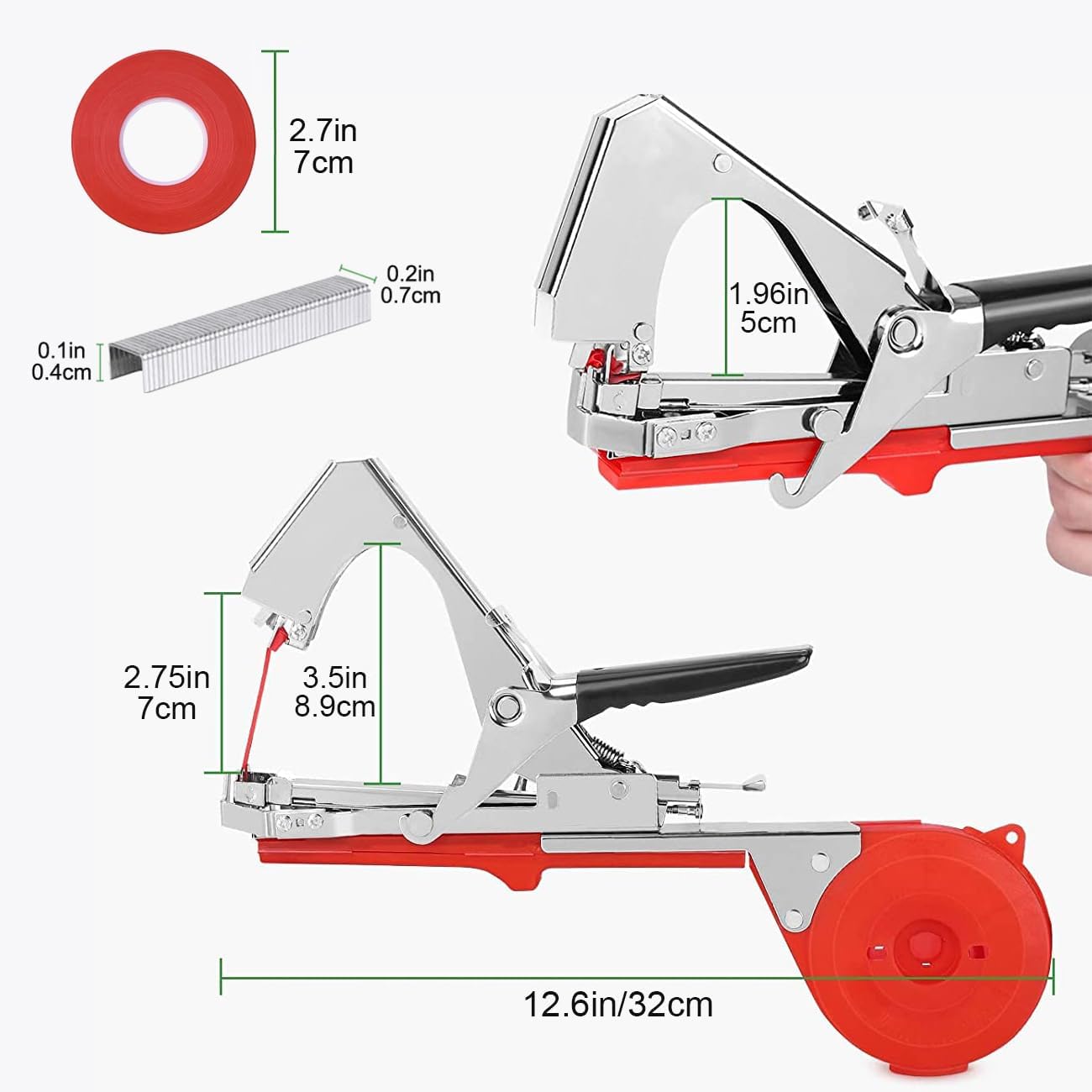 Plant Tying Machine, Lightweight Vine Tying Tape Machine Tool with 10000 Staples and 10 Rolls Tape for Tomatoes, Grapes and Vegetable Garden (Red)
