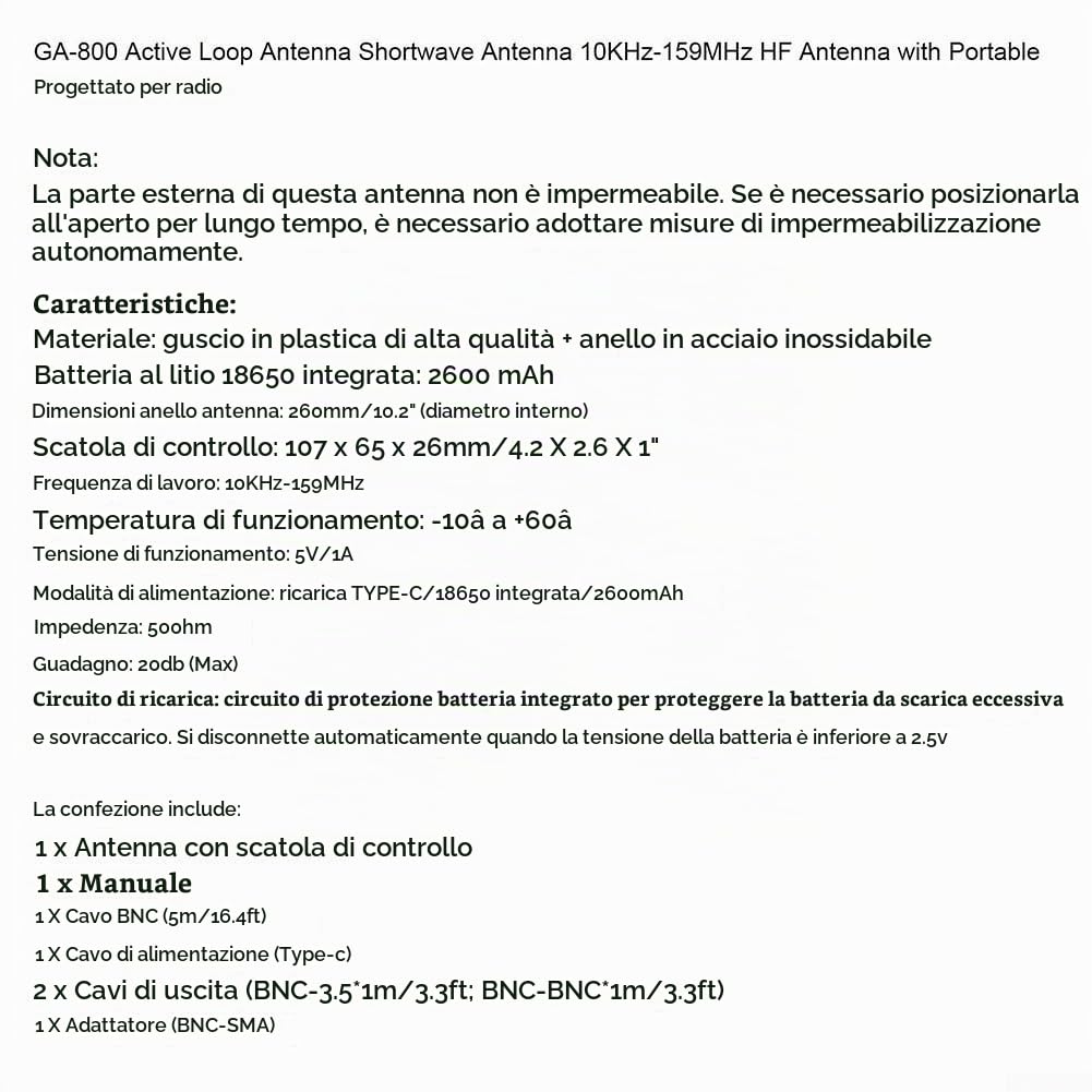 SPORTARC Antenna ad onda corta GA-800, 10 KHz-159 MHz, radio portatile ad alta frequenza, batteria al litio integrata da 2600 mAh, 5 V/1 A, 1401099421