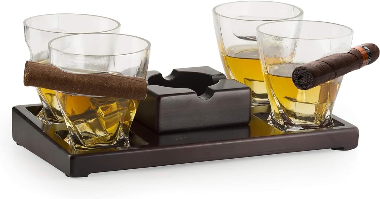 The Wine Savant Cigar Glasses Tray & Ash Tray, 4 Whiskey Cigar Glasses Slot, Gift Set for Dad, Men's Home Office Decor & Man Cave