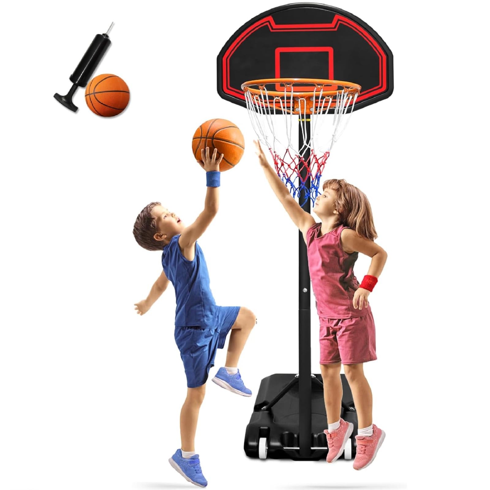 UISEBRT Basketballkorb Outdoor Inkl.Basketball Pumpe für Kinder - Basketballständer 156-208cm Höhenverstellbar - Mobile Basketballanlage mit Rollen - Mini Kinder Basketball Hoop für Indoor Outdoor