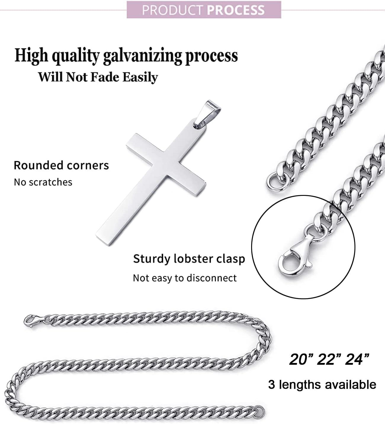Cross Necklace for Men Women Stainless Steel Cross Pendant Necklaces Chain 20 22 24 Inches - Image 3