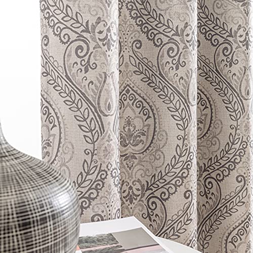 jinchan Linen Textured Curtains for Living Room Darkening 63 Inch Length, Medallion Drapes for Bedroom, Damask Pattern Window Treatments Vintage Curtain Panels, 2 Panels Grey on Greige B | G