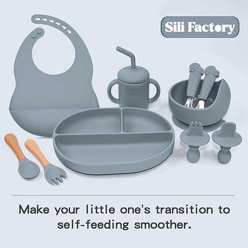 Miniatura 7 de SILI FACTORY Juego de alimentación de silicona para bebés  Tazón de succión con tapa para niños pequeños, babero ajustable, cucharas y tenedores