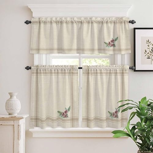 Miniatura 4 de Juego de 3 cortinas de cocina de piñas de Navidad, cenefa y bolsillo para barra, juego de cortinas rústicas retro a rayas francesas para cocina,