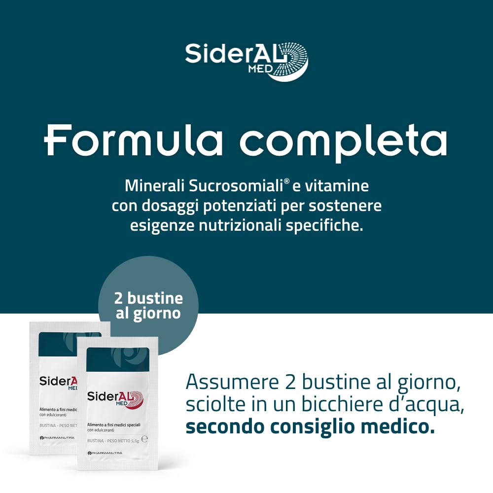 Sideral Med Integratore alimentare a Fini Medici Speciali, Ferro sucrossomiale®, Vit. A, C, D, E, K, PP, B5, B6, B9 (folato), B12, 28 Bust, Soggetti sottoposti a chirurgia bariatrica, Malassorbimento