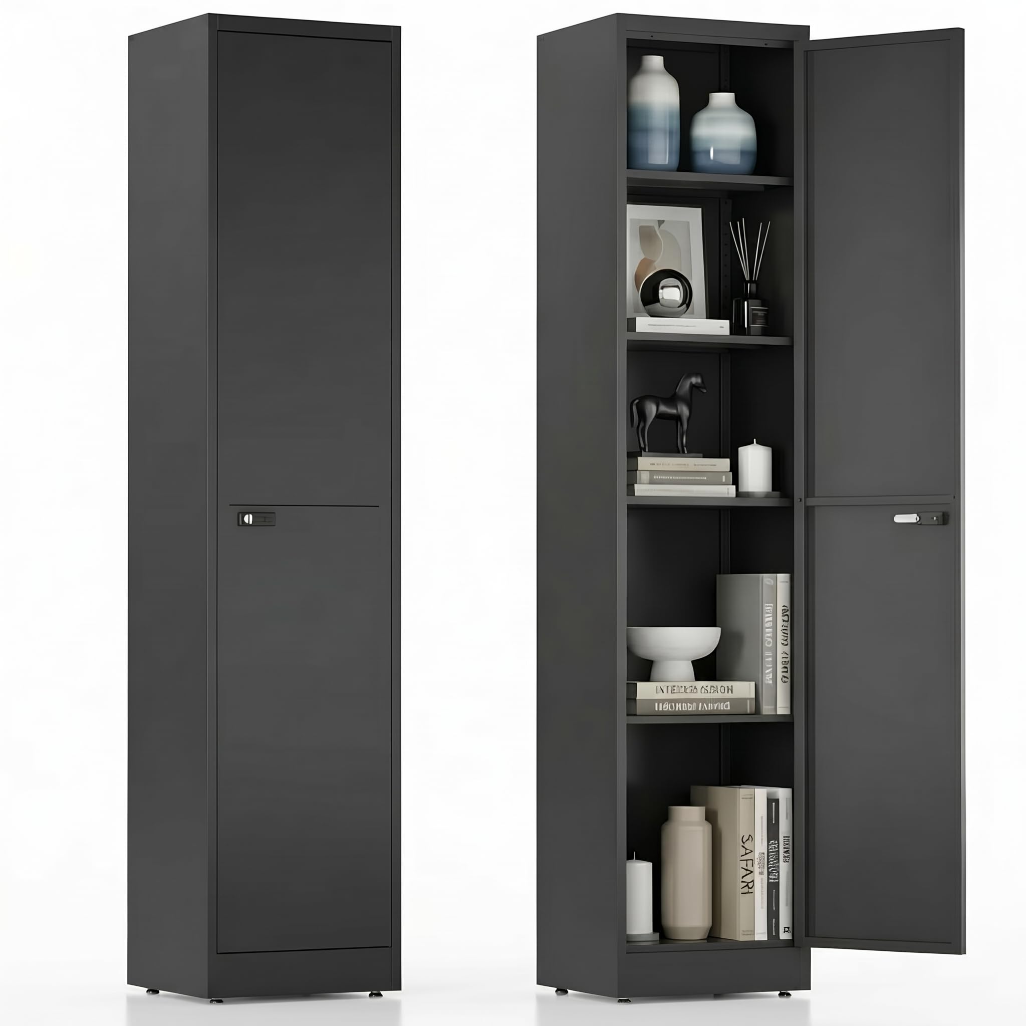 Spind Schrank, Mehrzweckschrank, Stahlschrank 40 cm breit, Aktenschrank Abschließbar mit 1 Tür & 4 Einlegeböden, Büroschrank für Ecke, Badezimmer, Küche, 180x40x35cm Schwarz