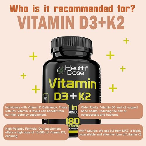 Miniatura 7 de Suplemento de vitamina D3 10,000 UI + K2 (MK7), fórmula 2 en 1, apoyo inmunológico, un estado de ánimo saludable, corazón, articulaciones, dientes,