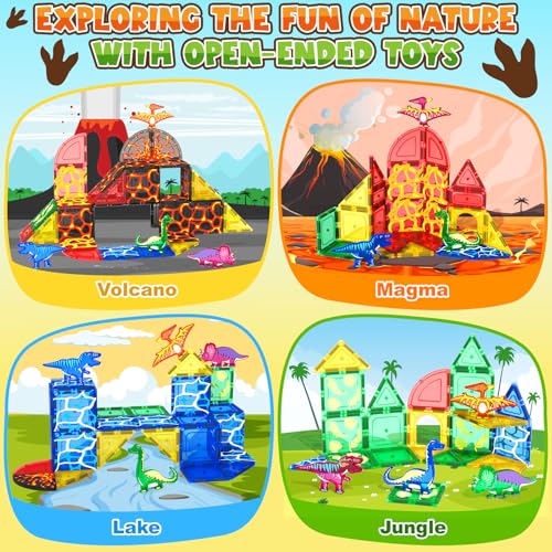 Image of Coodoo Dinosaur Toys Magnetic Tiles Lava Dinosaur World Set - Magnetic Blocks Building for Kids 3-5 5-7 Girls Boys Toy Age 4-6 6-8, Classroom Must Haves Toddler Sensory for 3+ Year Old Kids Toys