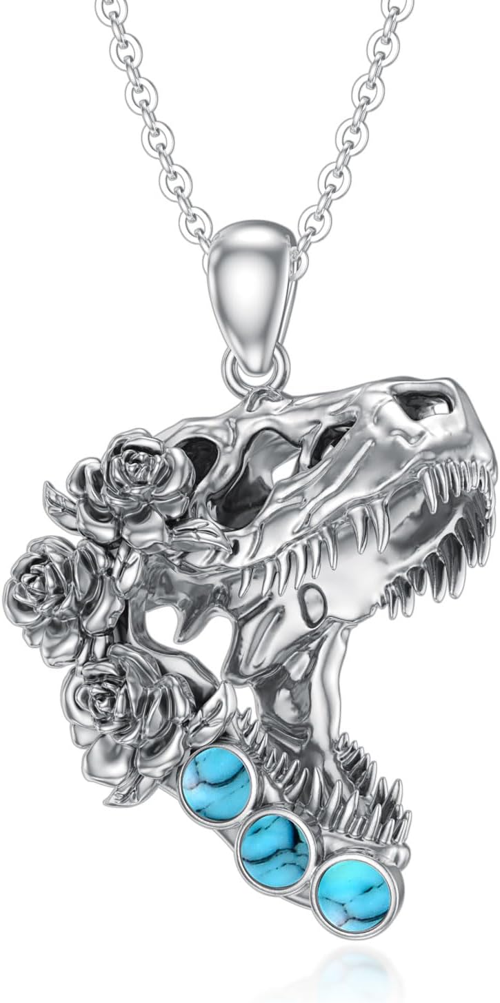 Dinosaur Necklace 925 Sterling Silver Real Turquoise Dinosaur Skull Head Pendant Bohemian Western Jewelry Gifts for Women